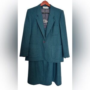 Vintage Evan Picone Teal Checkered Wool Women’s Blazer and Skirt Set